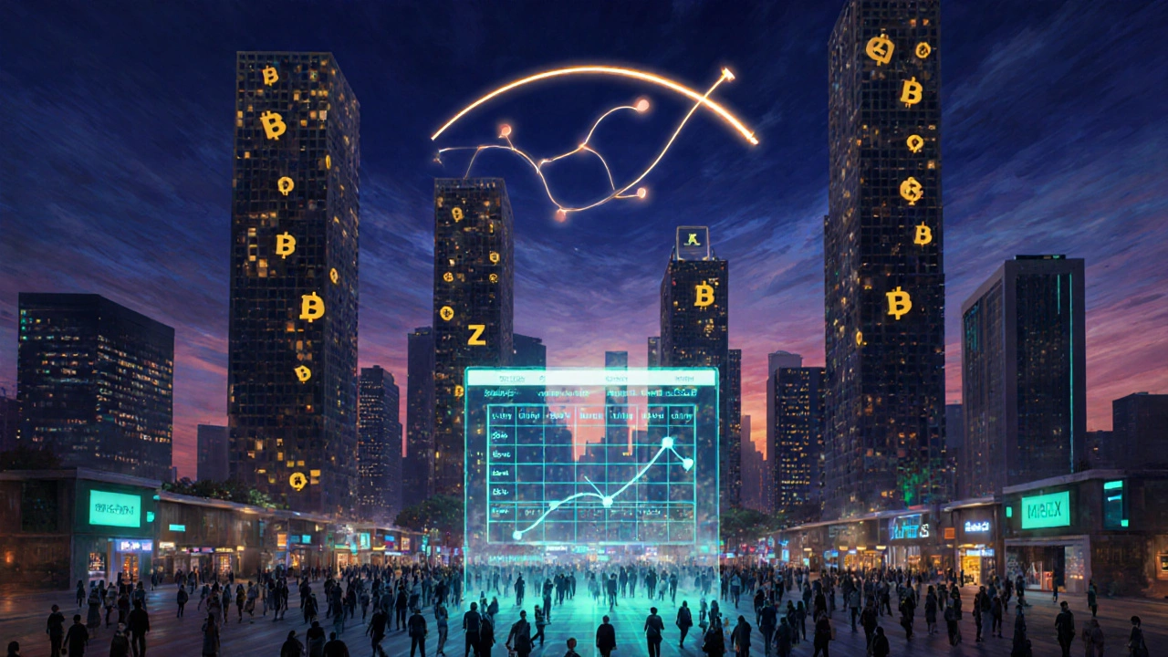 Futuristic city with token-built towers and a glowing quadratic vesting curve above a holographic contract.