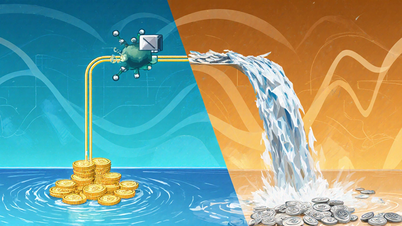 Split scene showing even linear token flow vs accelerating quadratic token waterfall.
