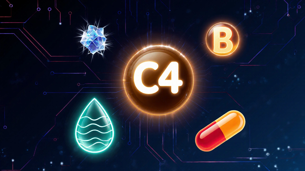 Artistic display of caffeine molecule, beta‑alanine crystal, taurine droplet, and B‑vitamin capsules on a dark background.