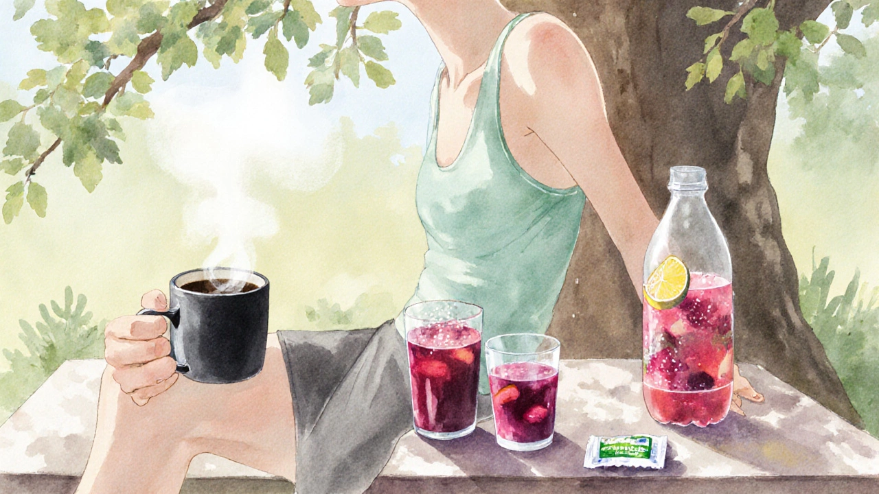 Athlete resting under a tree sipping coffee, beetroot juice, and a homemade sports drink.