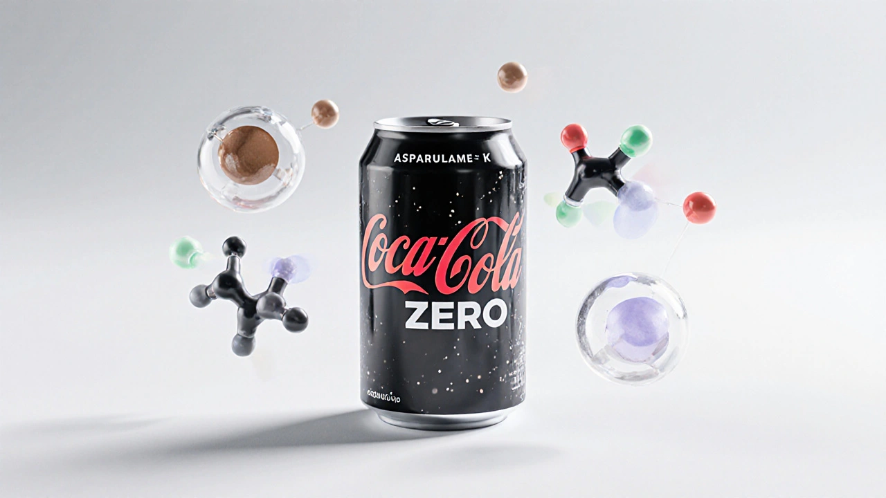 Coke Zero can surrounded by 3D models of caffeine, aspartame, and acesulfame‑K.