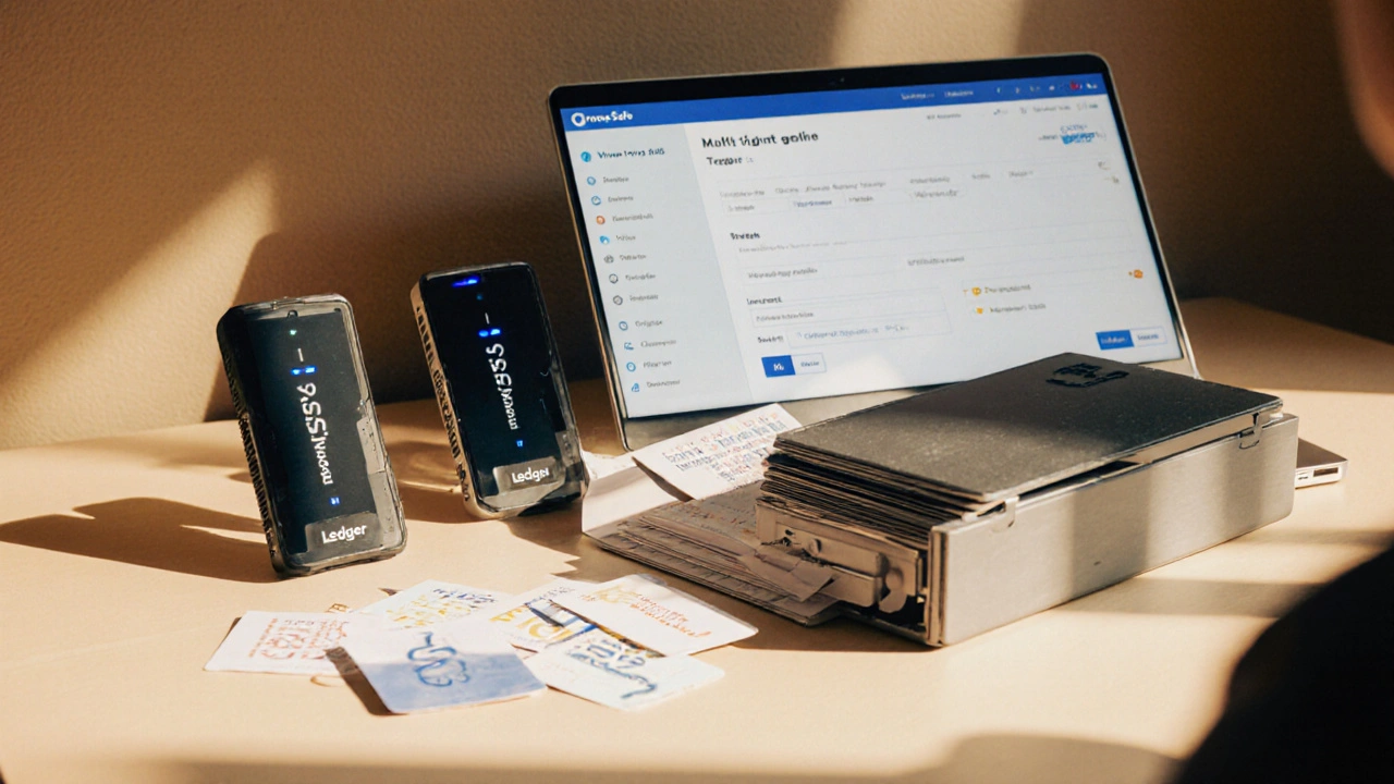 Desk with two hardware wallets, laptop showing Gnosis Safe, and seed‑phrase cards in a safe.