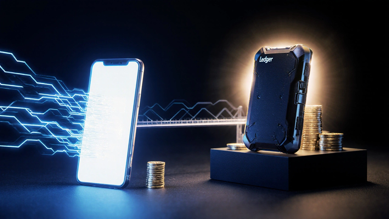 Dual‑wallet illustration with a smartphone for instant crypto and a hardware device for secure storage.