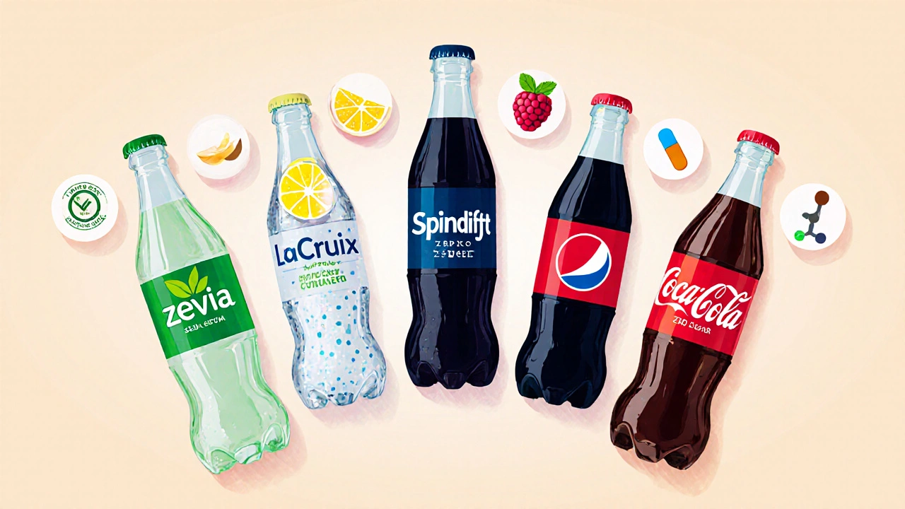 Five distinct soda bottles displayed with icons for zero calories, stevia, fruit, and vitamins.