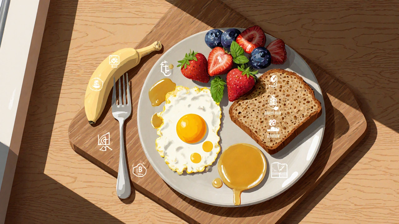 Flat‑lay of eggs, toast, banana and berries illustrating balanced pre‑game nutrition.