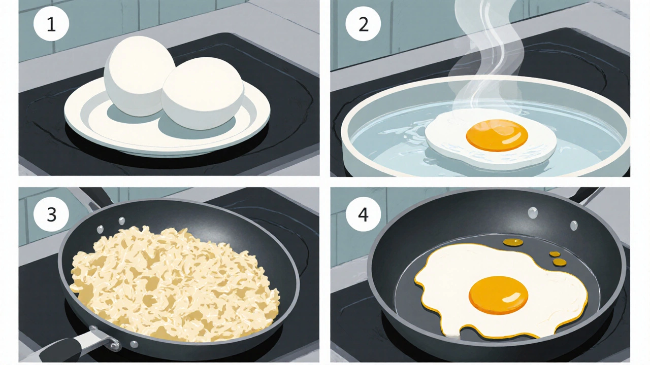 Four panels showing boiled, poached, dry scrambled, and fried eggs in a kitchen collage.