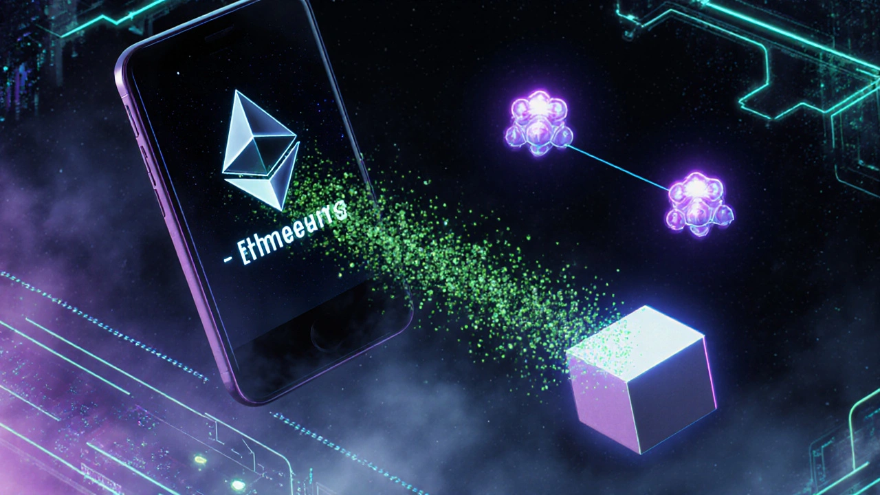Futuristic scene of a crypto transaction with glowing particles moving to validator nodes and forming a new block.