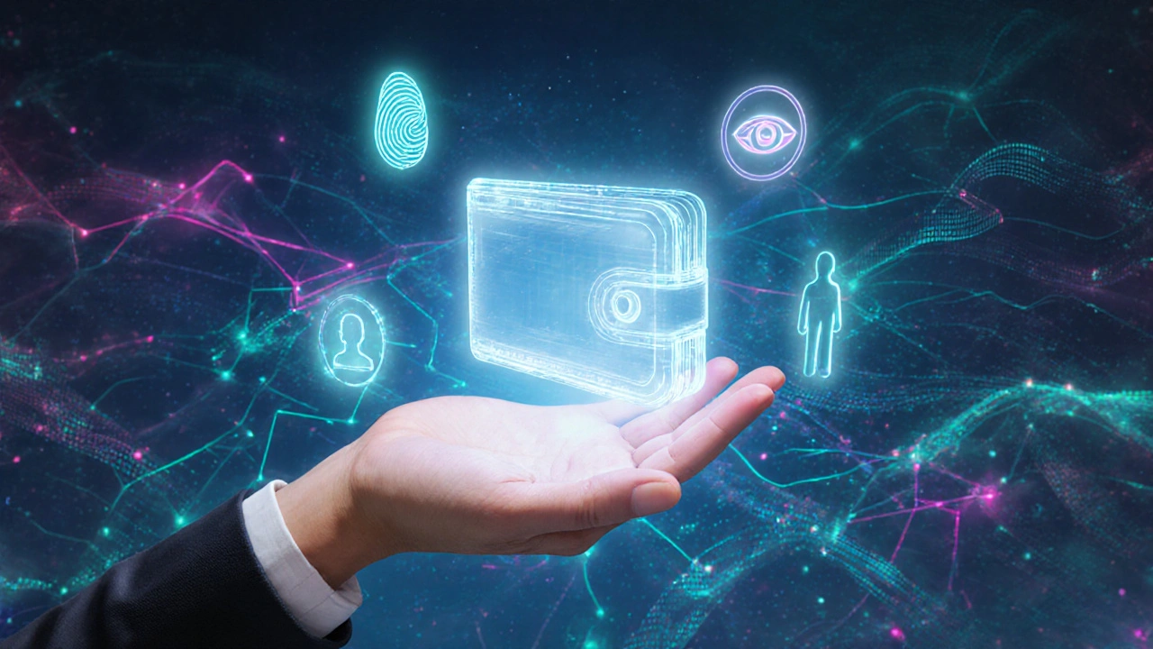 Holographic wallet with biometric icons and neon network nodes representing future multi‑sig tech.