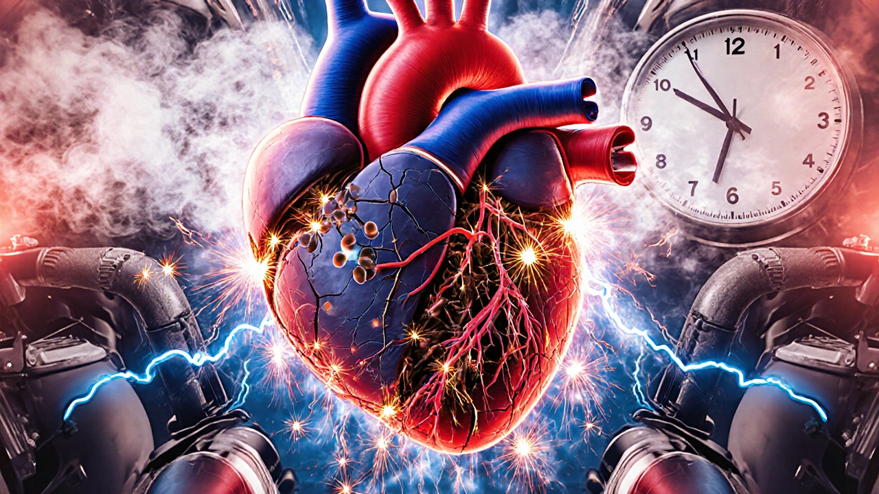 Human heart depicted as a cracked engine flooded with fiery caffeine molecules, glowing in red and blue tones.