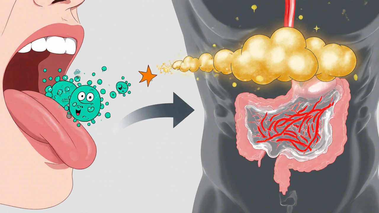 Illustration of nitrate conversion to nitric oxide inside mouth and stomach.