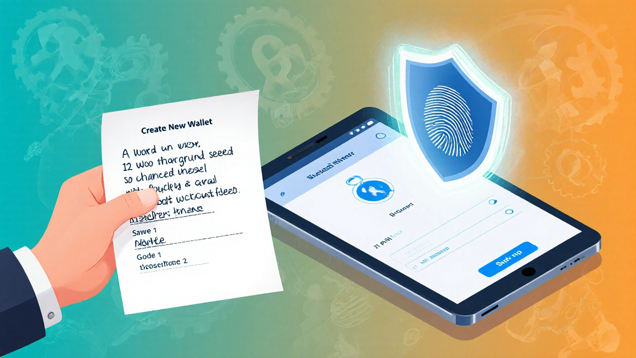 Isometric scene of seed phrase paper, tablet wallet app, PIN entry, and 2FA shield.