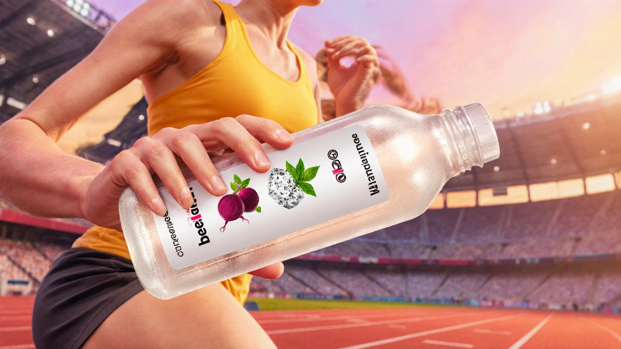 Marathon runner drinking a clear sports beverage labeled with alternative ingredients, no taurine.