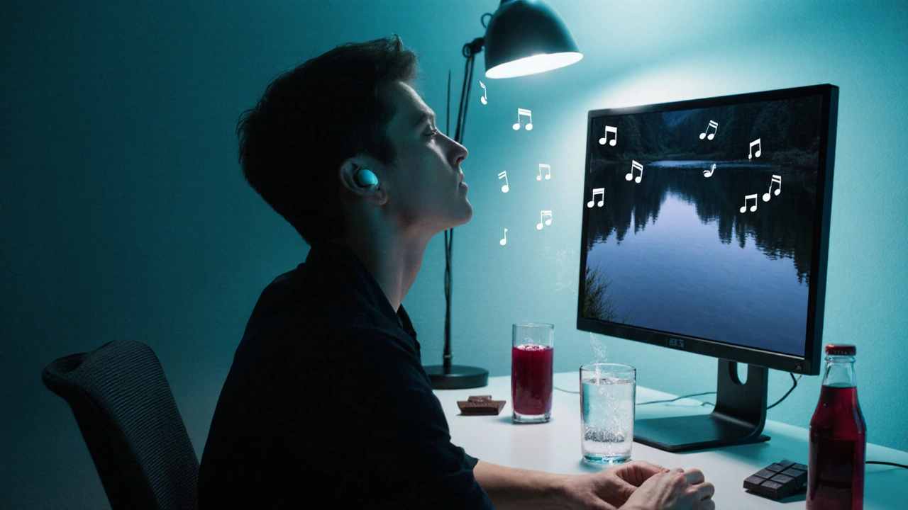 Office scene with water, dark chocolate, beetroot juice, and calming music during a quick BP routine.