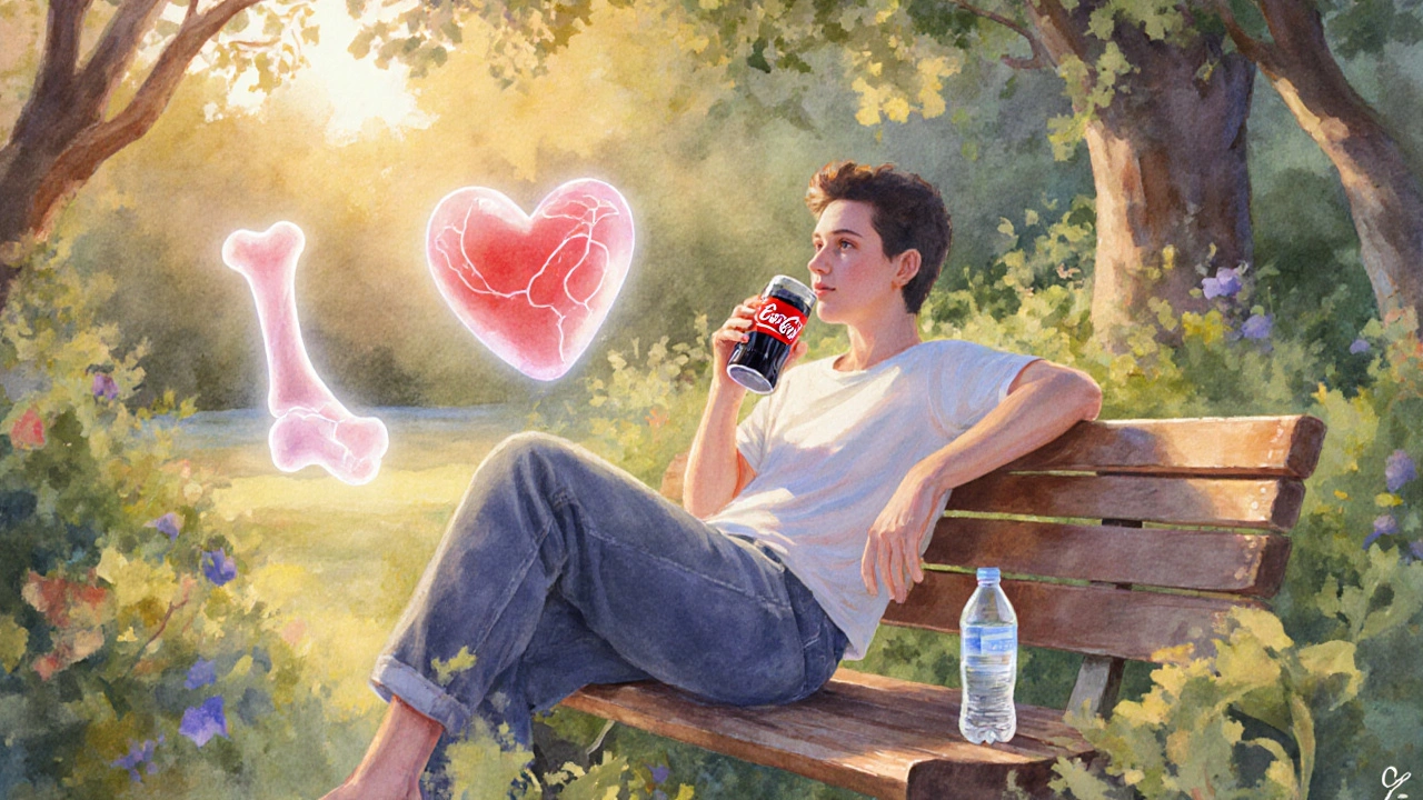 Person drinking Coke Zero on a garden bench beside a water bottle, with soft health symbols.