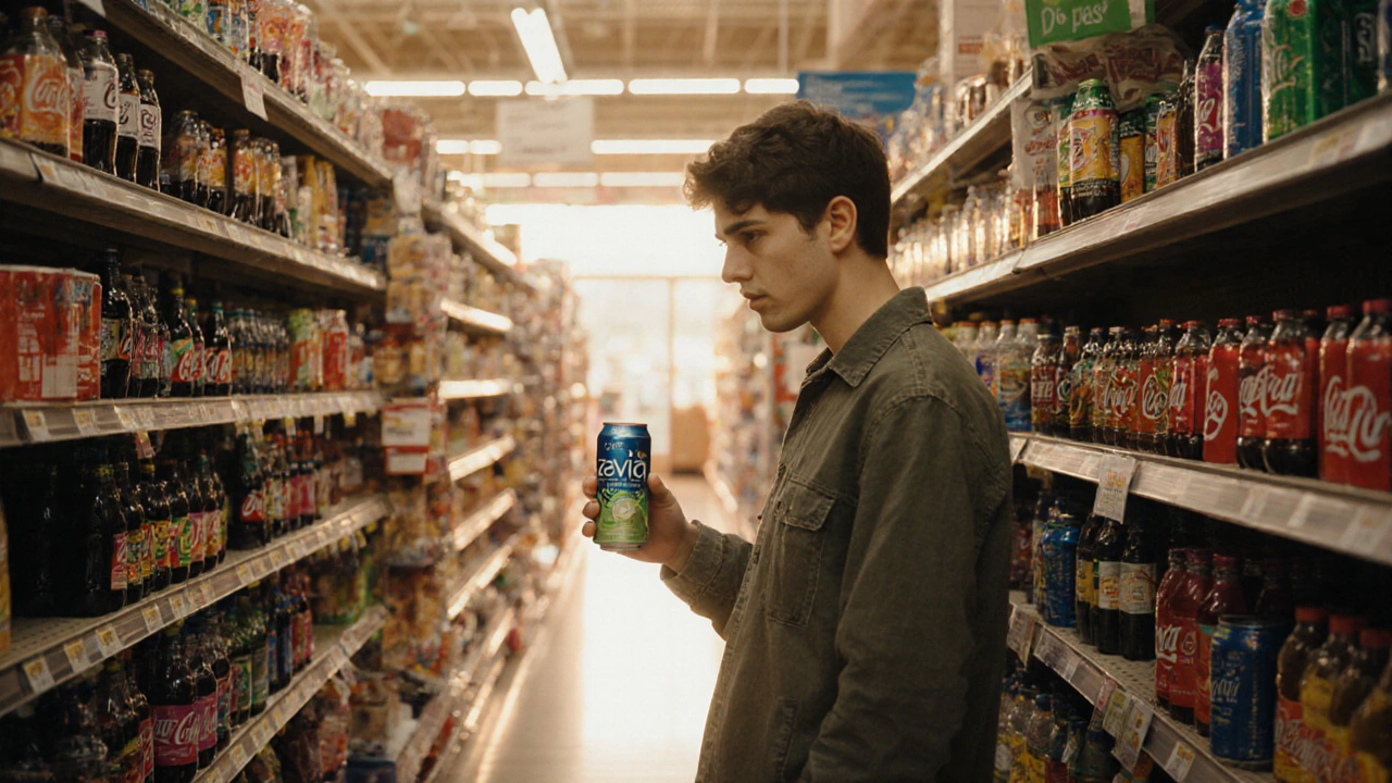 Person in a grocery aisle holding a Zevia can, evaluating other soda options.