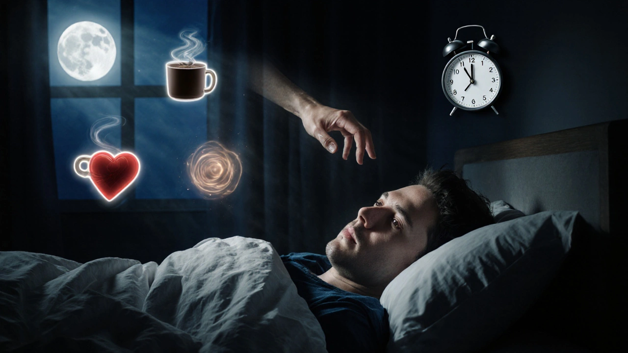 Person wide awake at 3 AM with ghostly images of racing heart and trembling hands floating above them.