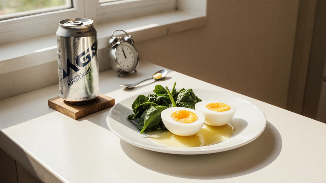 Plate with sliced boiled eggs, spinach, and an energy drink can beside measuring spoons.