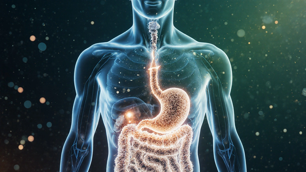 Silhouette filled with rice grains turning into energy bolts, gut microbes glowing.