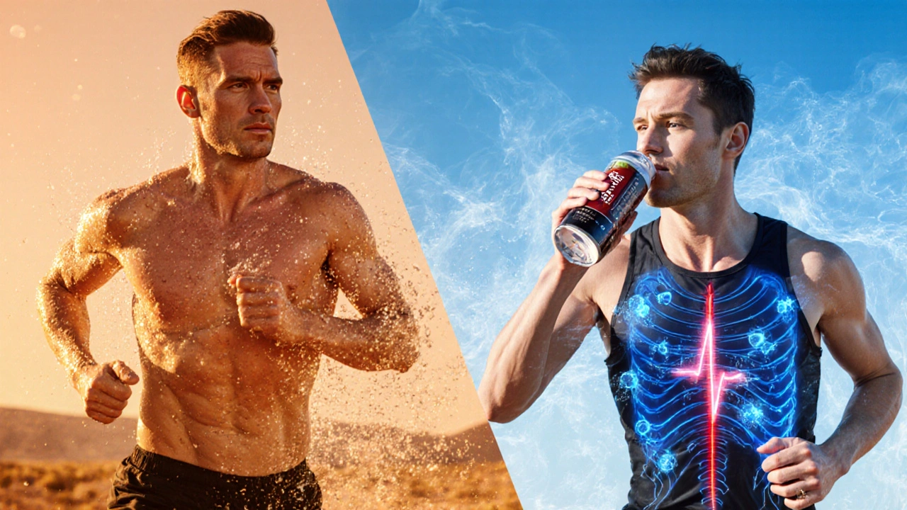 Split illustration showing a runner hydrated with electrolytes versus jittery after caffeine drink.