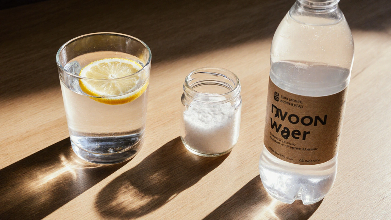 Three natural hydration alternatives: water with lemon, sea salt, and coconut water.