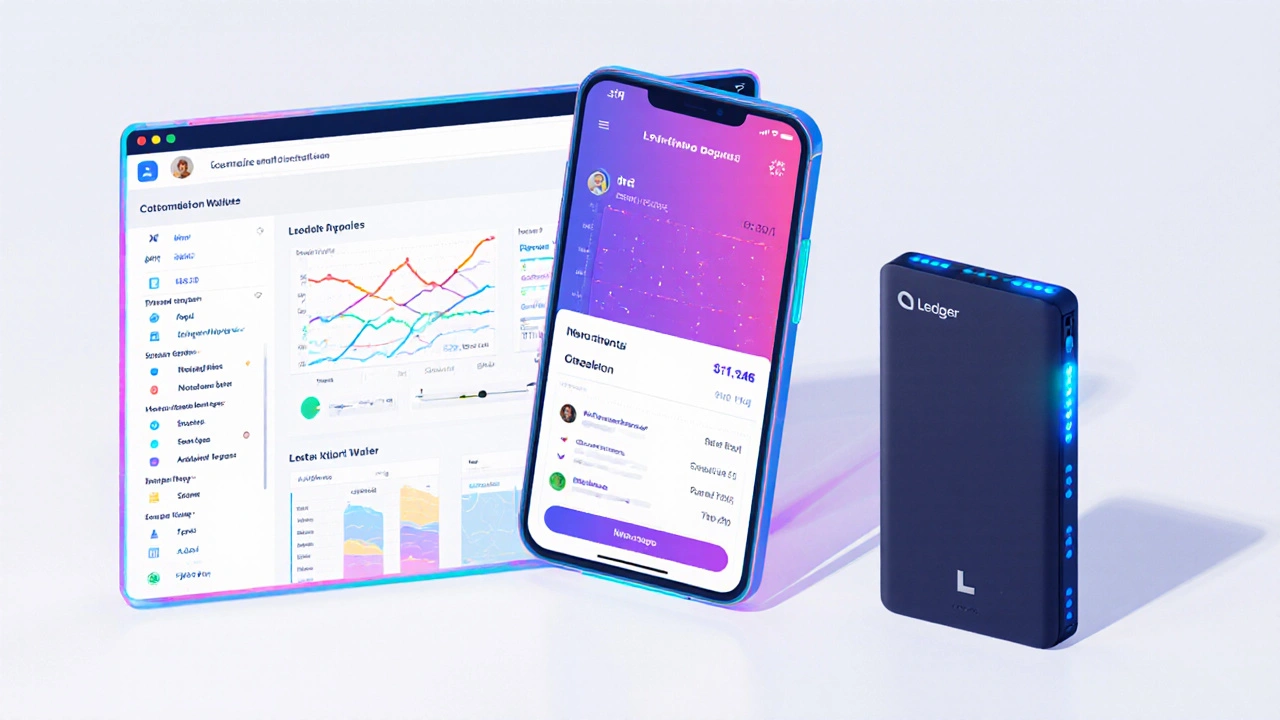 Three wallet types: laptop custodial, smartphone non‑custodial, and hardware device displayed together.
