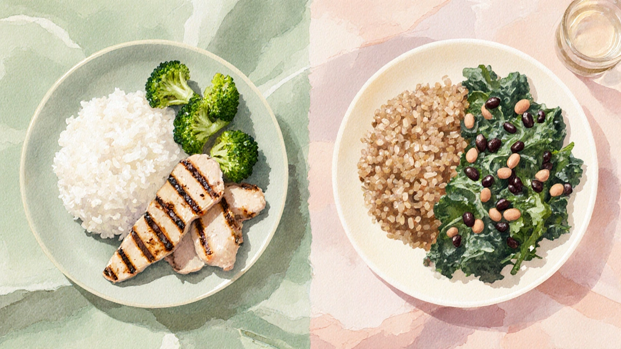 Two plates: white rice with chicken and broccoli beside brown rice with beans and kale.