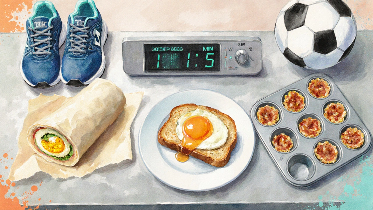 Watercolor of three egg‑based snack recipes with sports gear on a kitchen counter.