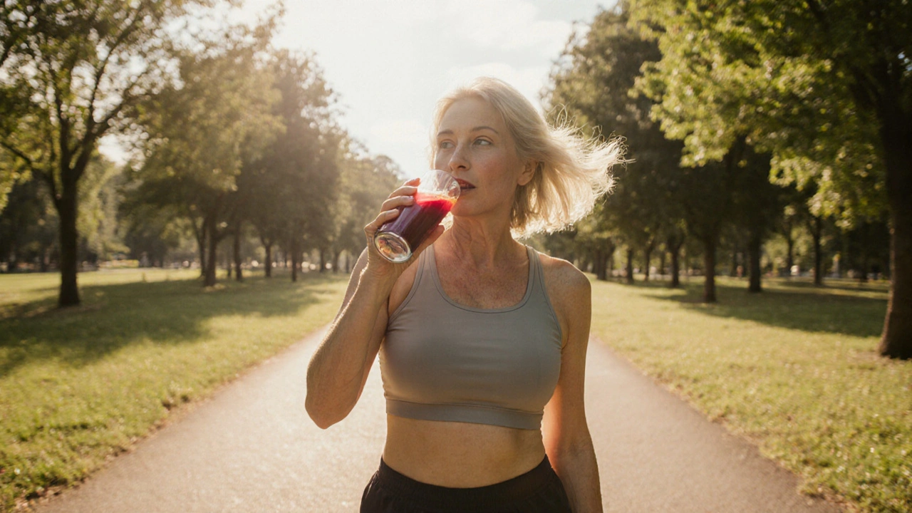 Woman sipping beetroot juice while walking in a sunny park.