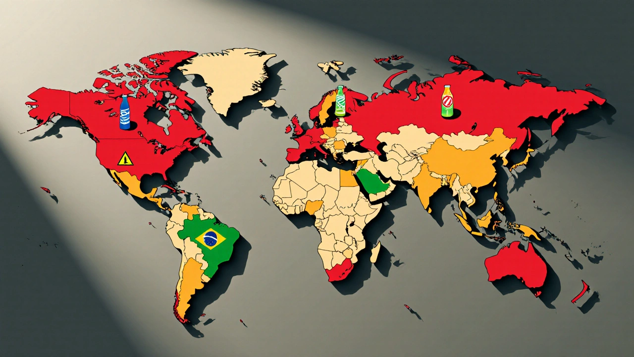 World map colored to show taurine bans and limits, with energy drink silhouettes and warning icons.