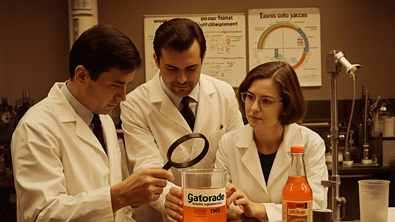 1960s scientists studying the original Gatorade formula in a lab.