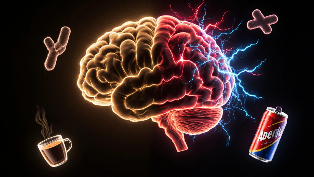 A brain split between calm coffee stimulation and chaotic energy drink overload, glowing neural patterns.