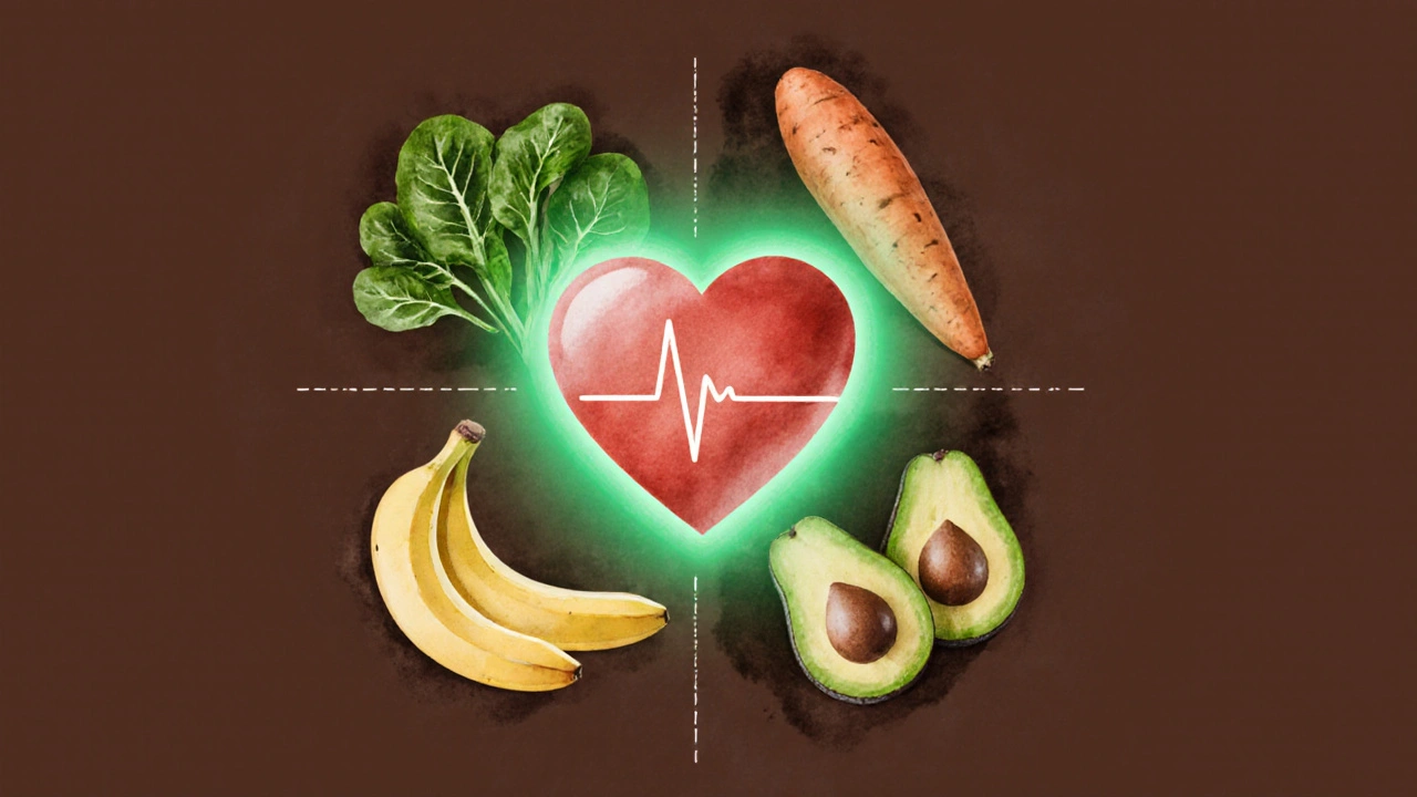 A circular arrangement of heart-healthy foods surrounding a glowing heart symbol.
