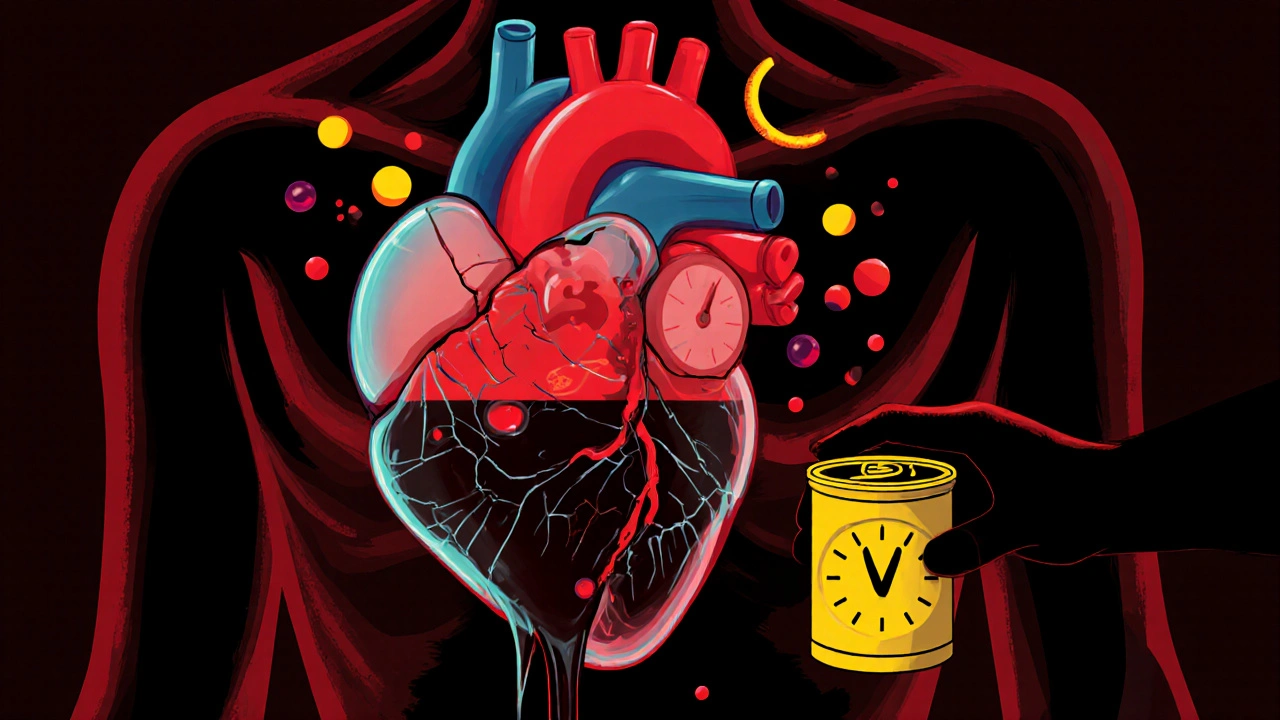 A glass heart leaking syrup, surrounded by artificial dyes and vitamins, representing health risks.