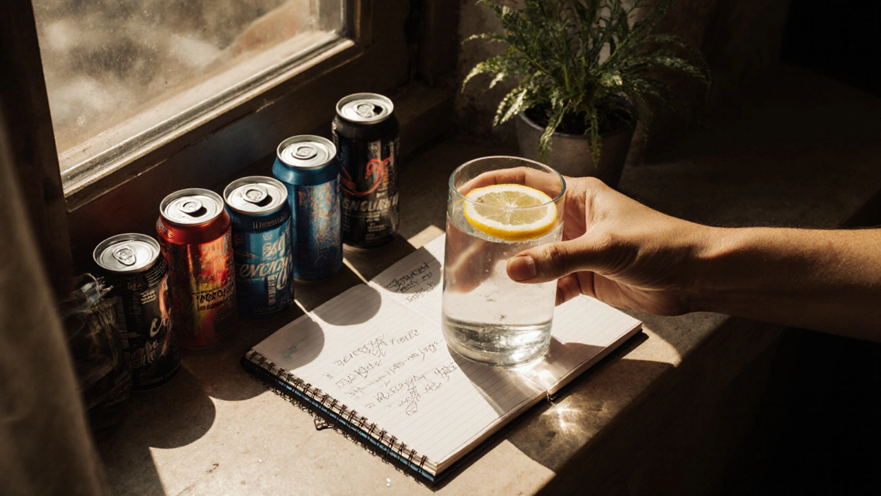 A glass of water with lemon beside empty energy drink cans, symbolizing a healthier alternative.