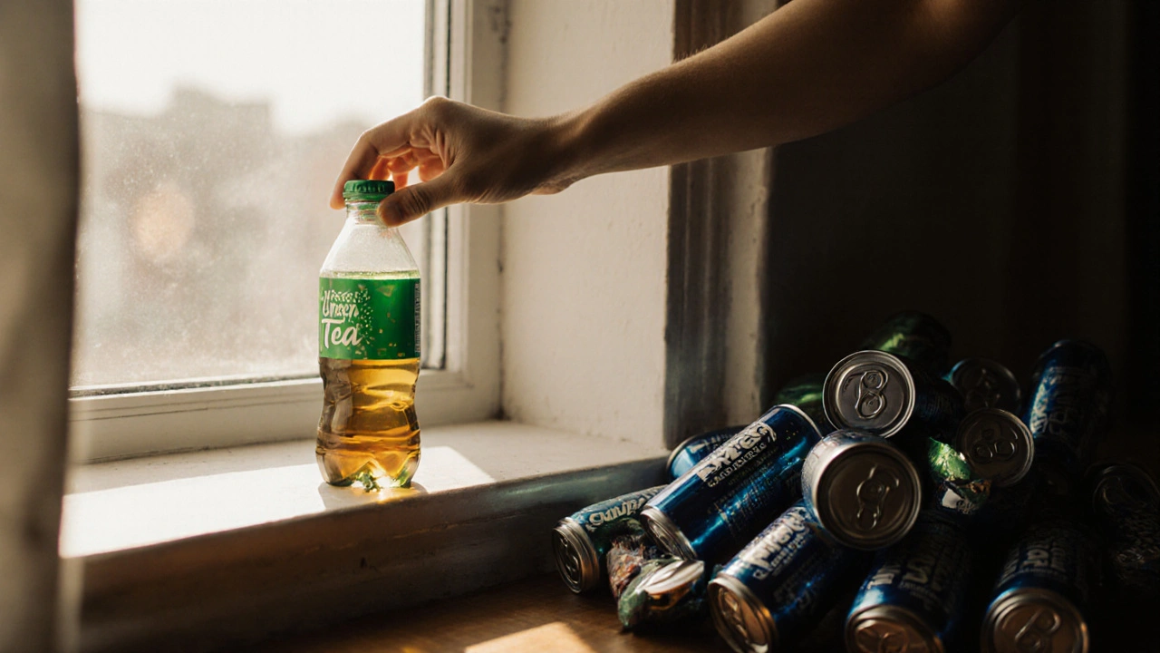 A hand choosing green tea beside sunlight, while discarded energy cans fade into shadow.