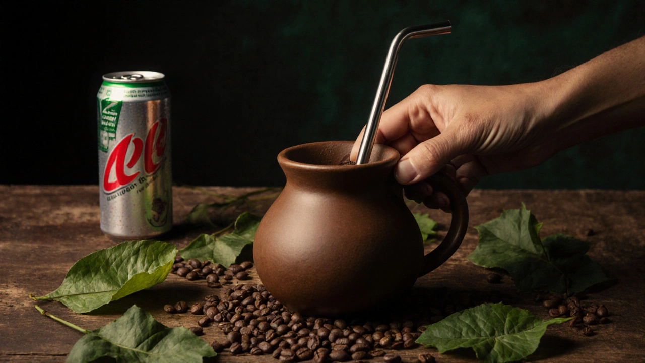 A hand drinking yerba mate from a gourd with bamboo straw, surrounded by natural tea and coffee leaves.