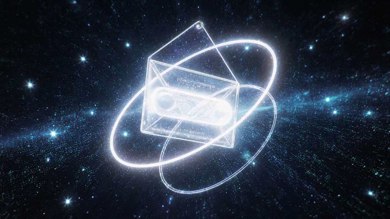 A holographic cryptographic envelope with interlocking asymmetric and symmetric encryption rings in binary space.