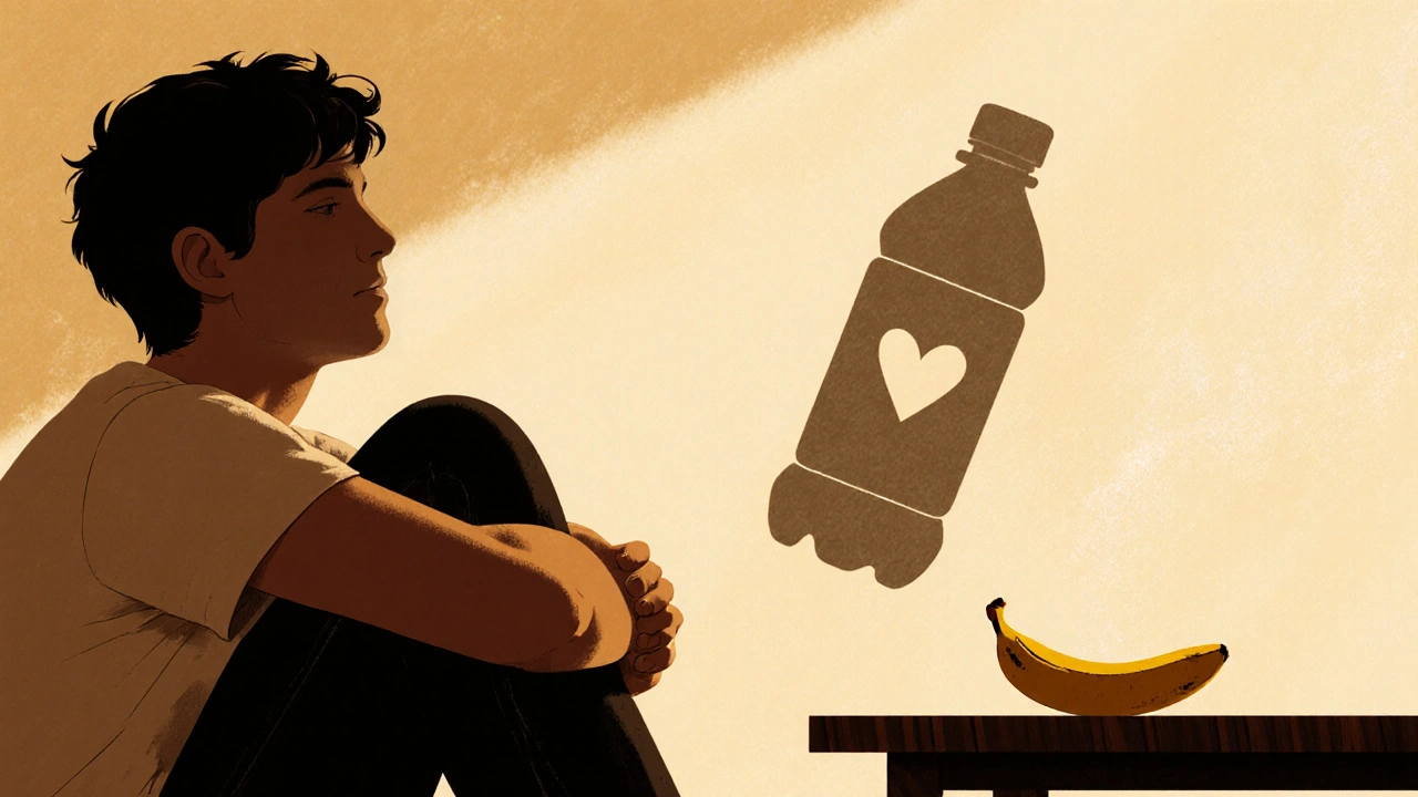 A person breathing calmly with a banana on the table, energy drink fading in background.