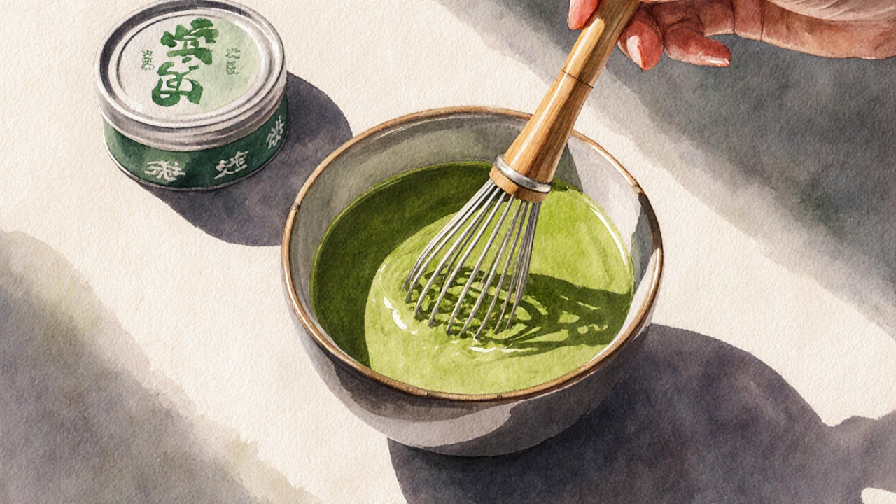 A person whisking matcha in a ceramic bowl during a quiet tea ceremony with sunlight on the green powder.