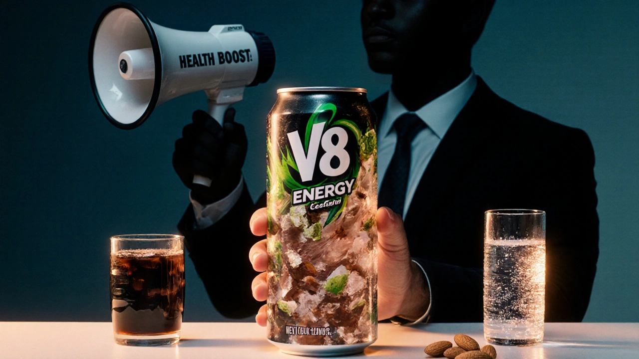 A person with a transparent body filled with caffeine and artificial sweeteners, holding a V8 Energy can while real healthy alternatives glow nearby.