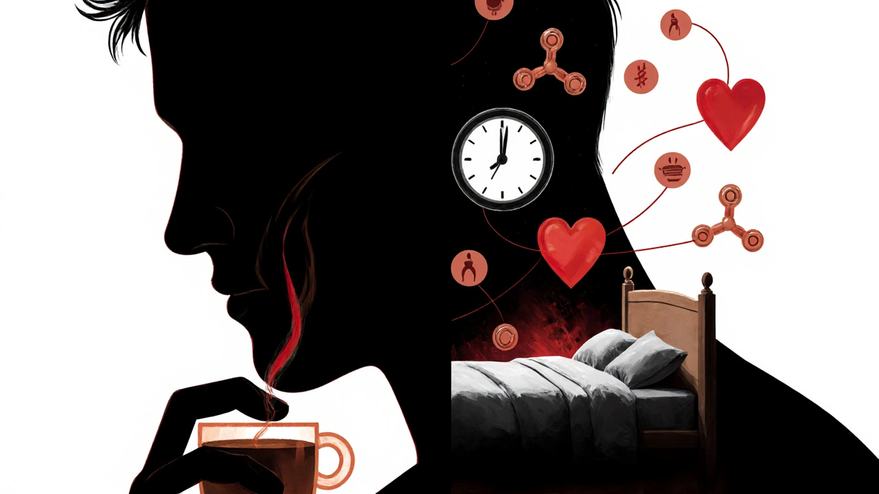 A split silhouette showing calm versus chaotic effects of 200 mg caffeine on the body and sleep cycle.