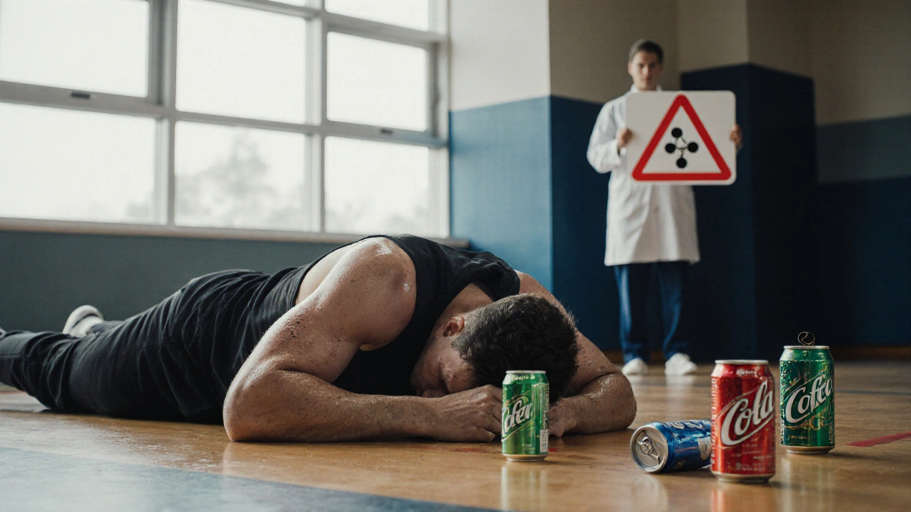 A teen athlete collapsed on a gym floor with empty energy drink cans nearby, medical figure in background.