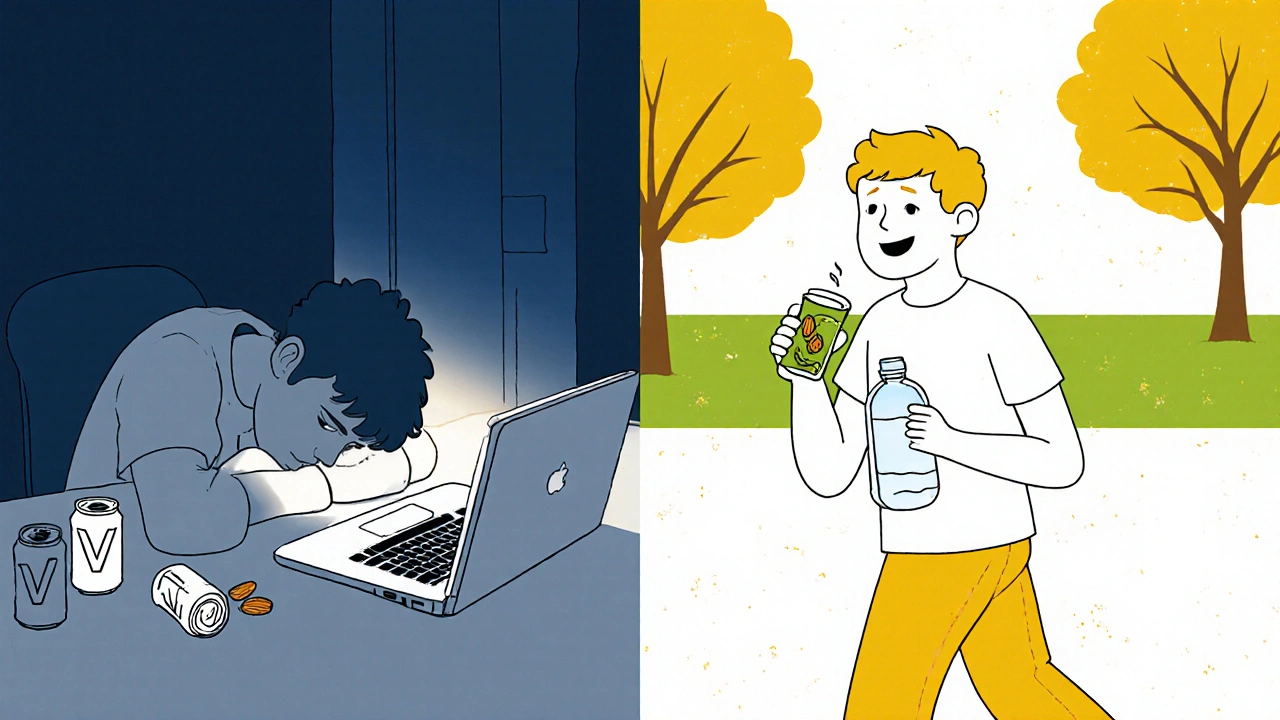 A teen transitioning from tiredness with energy drinks to vitality with natural alternatives.