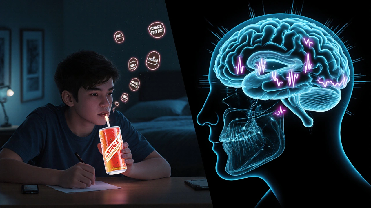 A teenager drinking an energy drink at night, with brain activity showing disrupted sleep and anxiety.