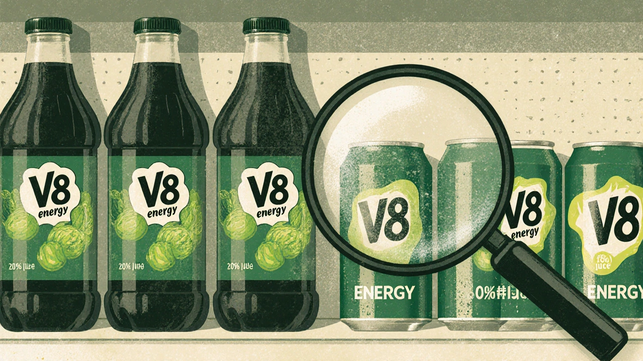 A vintage grocery shelf with classic V8 juice bottles next to modern V8 Energy cans, under a magnifying glass revealing the small vegetable content.