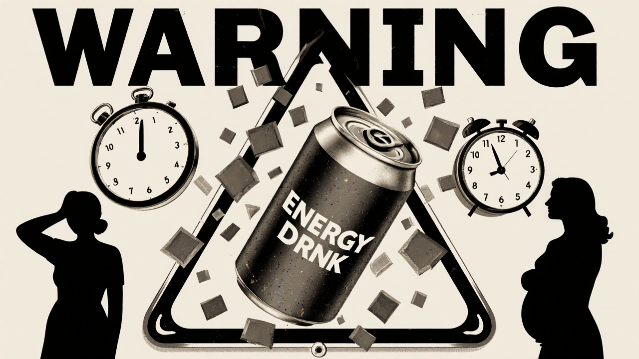 A vintage-style warning poster illustrating dangers of energy drinks with sleep, heart, and time symbols.
