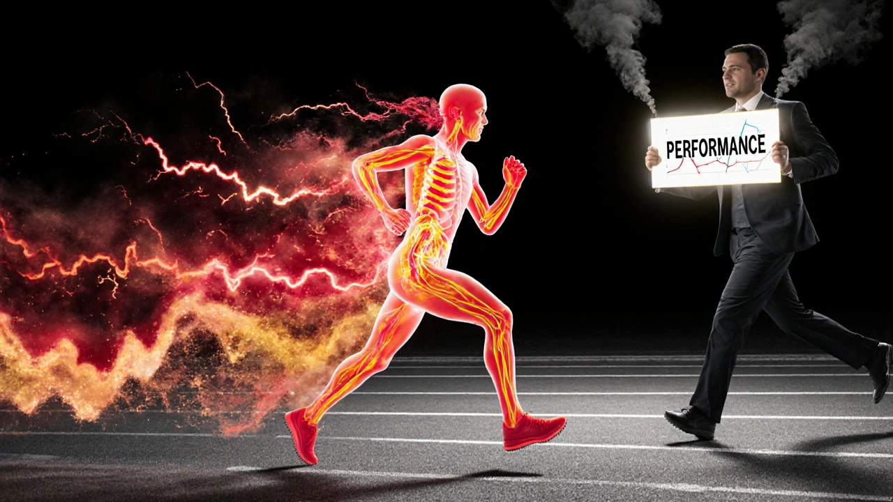 An athlete&#039;s translucent body showing sugar flooding the bloodstream and a shadowy marketer holding a &#039;PERFORMANCE&#039; sign.