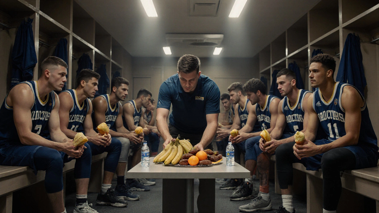 Athletes in locker room eating fruit instead of energy drinks at dusk