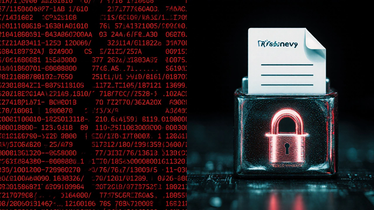 Blockchain ledger on one side, encrypted off-chain files on the other, secured by a private hardware wallet.