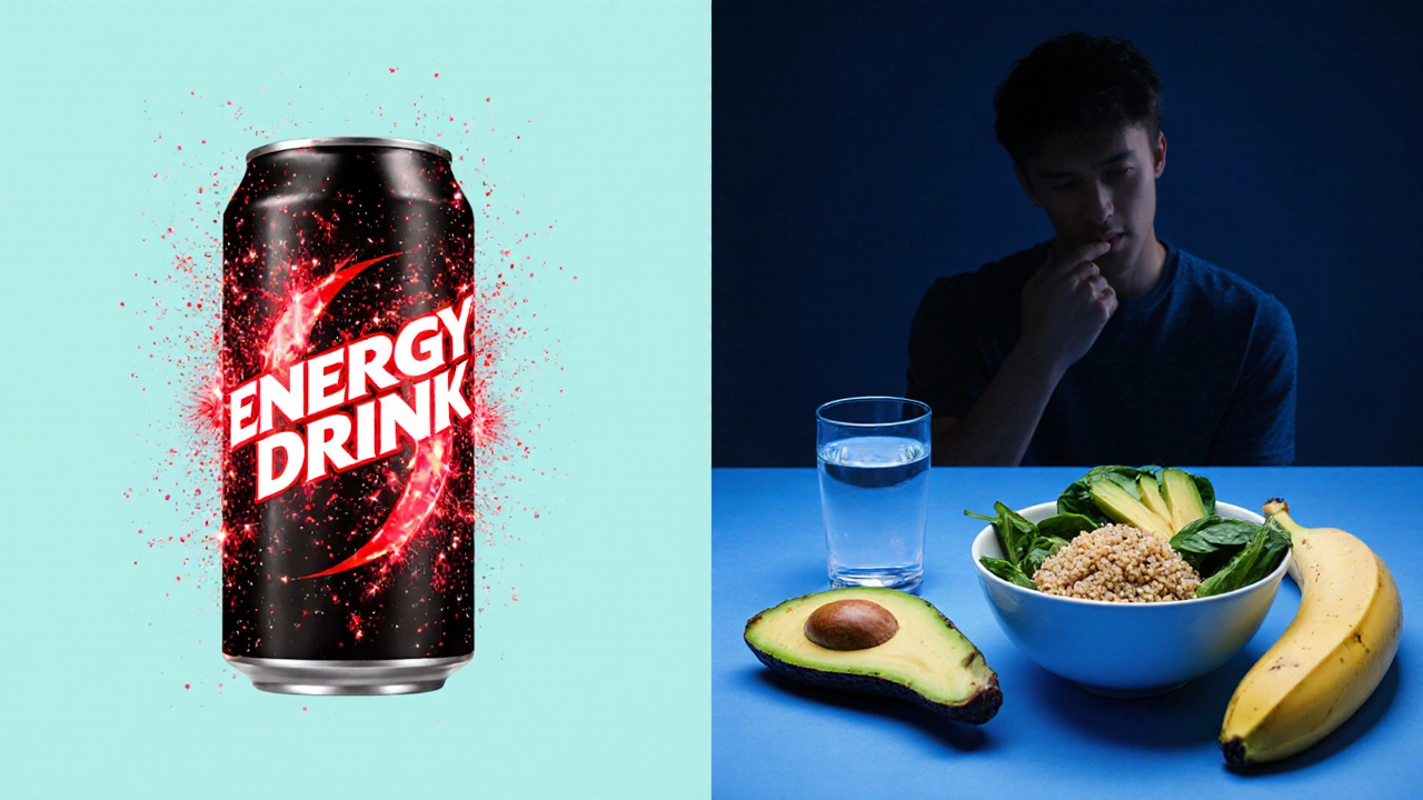 Contrasting image of an energy drink versus natural foods like quinoa and banana for sustained energy.